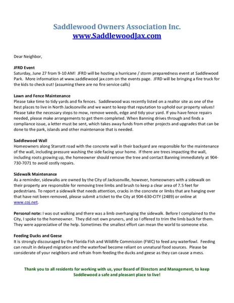 Cover of June 2026 Letter to all Saddlewood Residents
